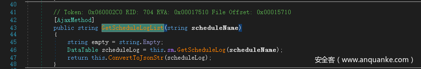 // Token: Ox060002CO public string string RID 704 RVA: ox00017510 File Offset: schedul e" ane) string ox00015710 Empty sm. GetScheduIeLog (schedulenane) Datal able scheduleLog — return this. ConvertToJsonStr (scheduleLog)